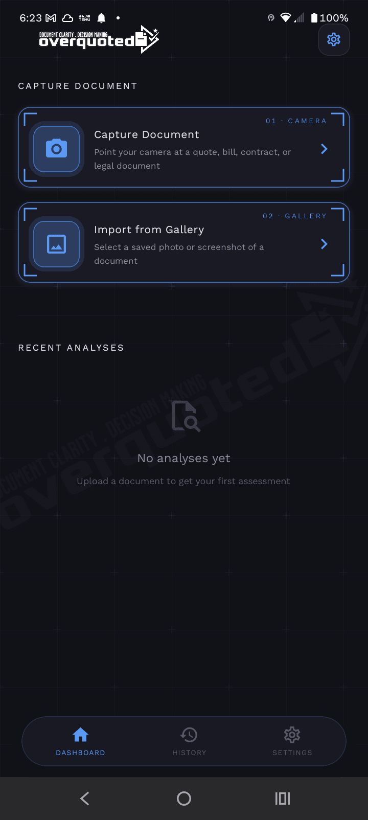 Overquoted dashboard — scan a bill, lease, or contract