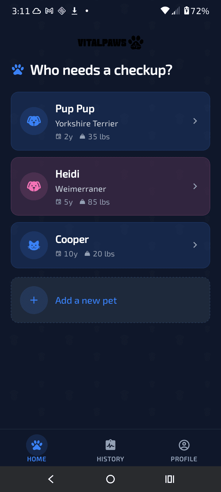 VitalPaws pet list — who needs a checkup